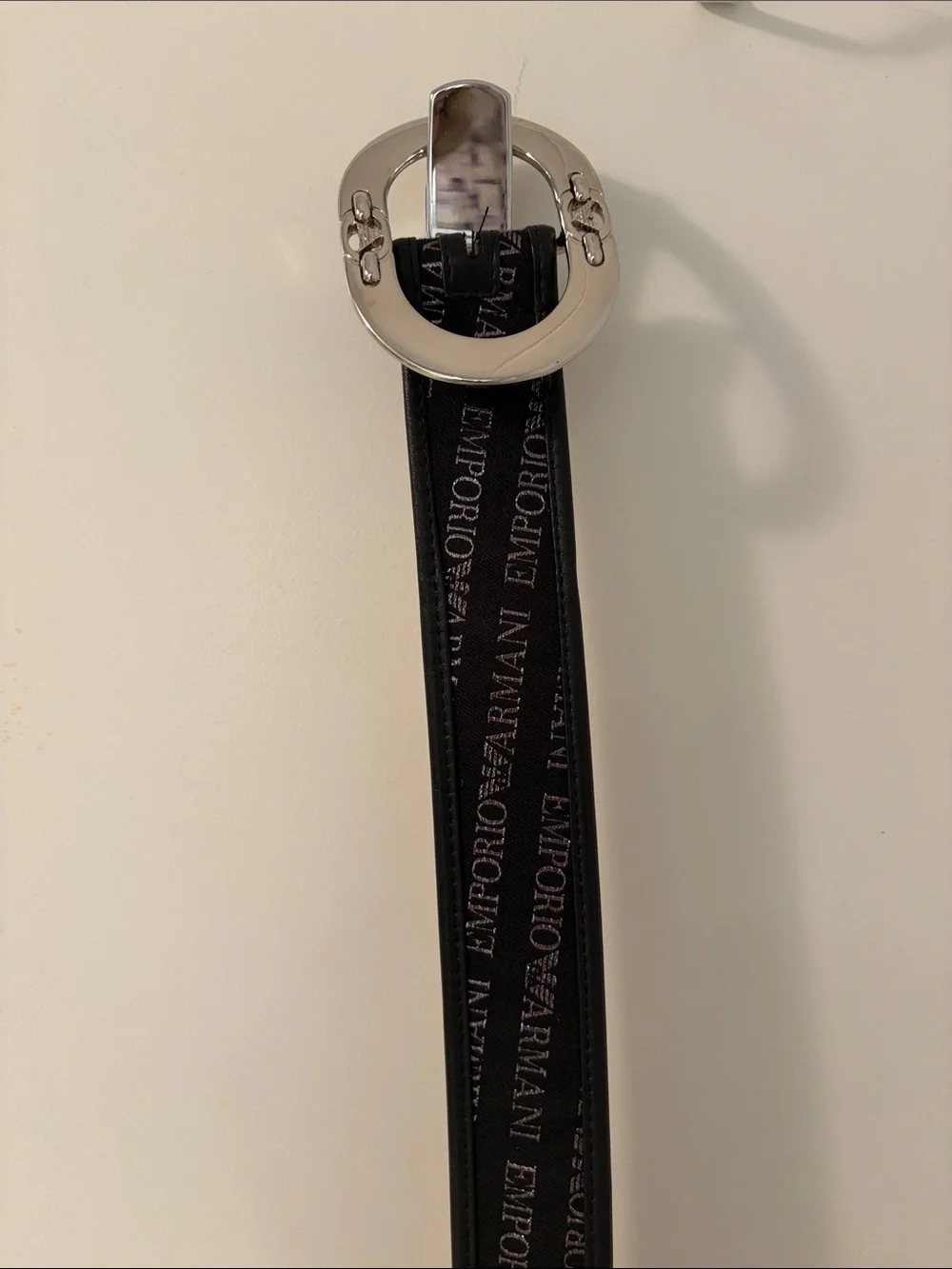 Emporio Armani Black Logo-Print Leather Belt with Silver-Tone Round Buckle